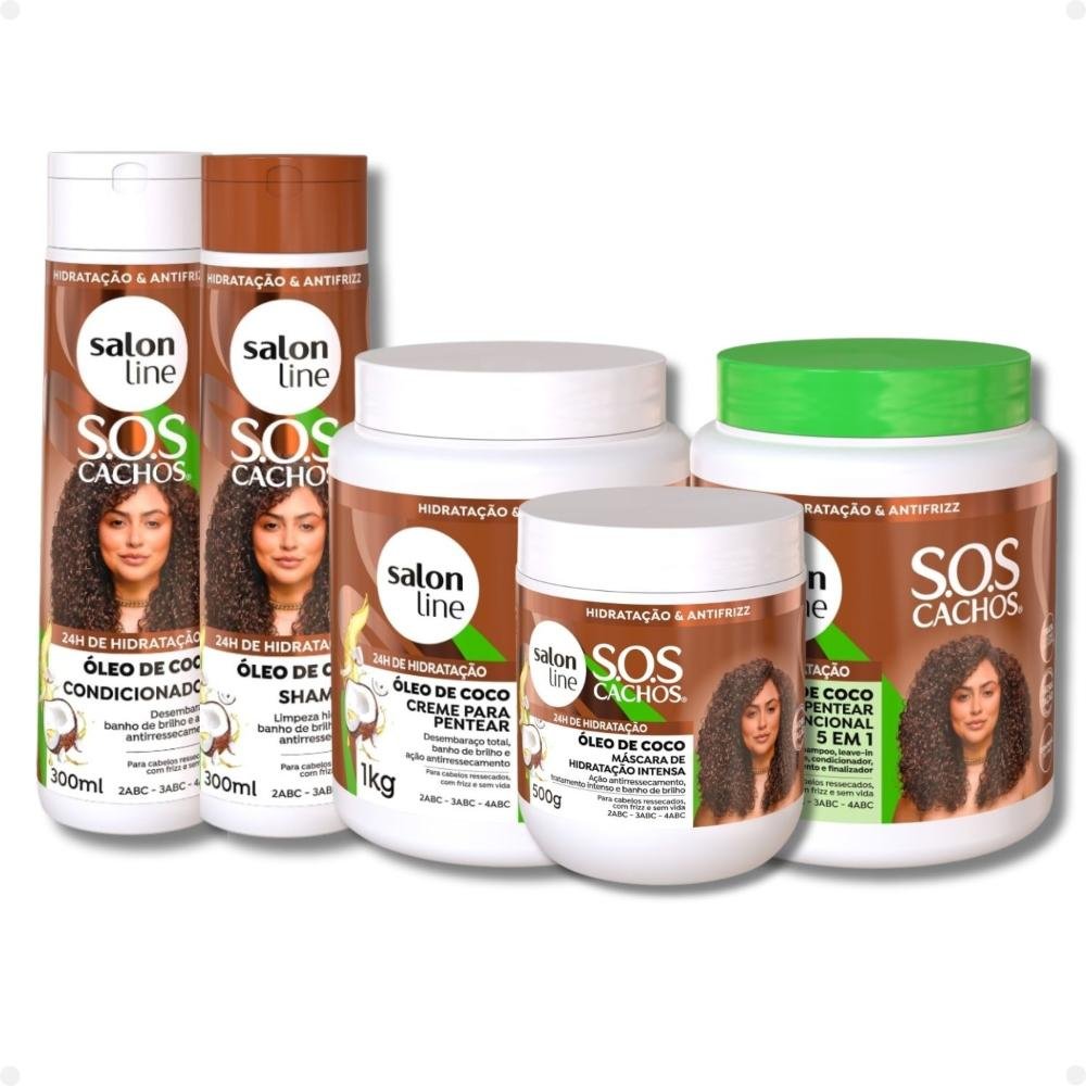 Kit Salon Line SOS Cachos Óleo De Coco: Shampoo, Condicionador, Máscara, Ativador E Creme 5 Em 1