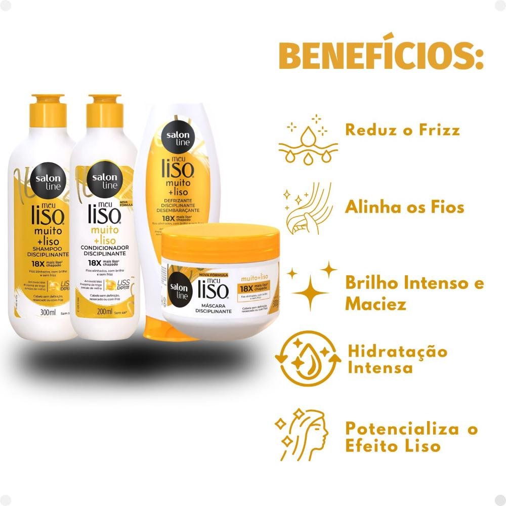 Kit Salon Line Meu Liso Muito + Liso Disciplinante: Shampoo 300ml e Condicionador 200ml + Máscara de Tratameto 300g e Defrizante Desembaraçante 200ml ÚNICO 2