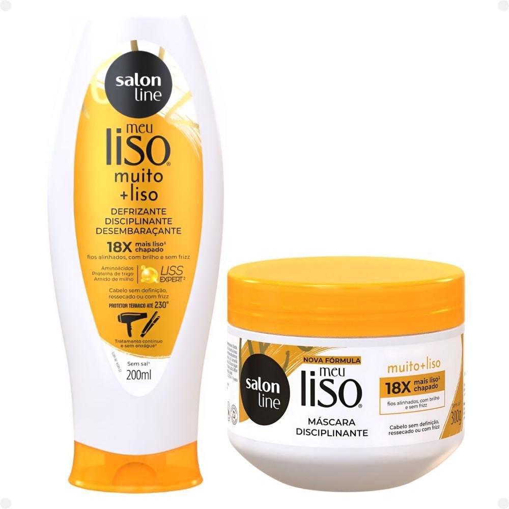 Kit Salon Line Meu Liso Muito + Liso Disciplinante: Shampoo 300ml e Condicionador 200ml + Máscara de Tratameto 300g e Defrizante Desembaraçante 200ml ÚNICO 5