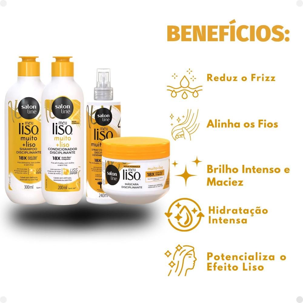 Kit Salon Line Meu Liso Muito + Liso Disciplinante: Shampoo 300ml e Condicionador 200ml + Máscara de Tratameto 300g e Spray Finalizador 240ml ÚNICO 2