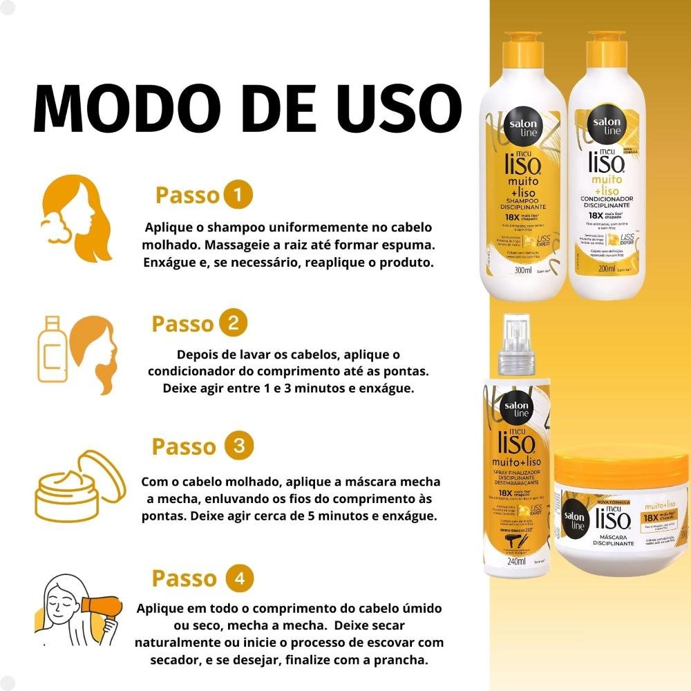 Kit Salon Line Meu Liso Muito + Liso Disciplinante: Shampoo 300ml e Condicionador 200ml + Máscara de Tratameto 300g e Spray Finalizador 240ml ÚNICO 6