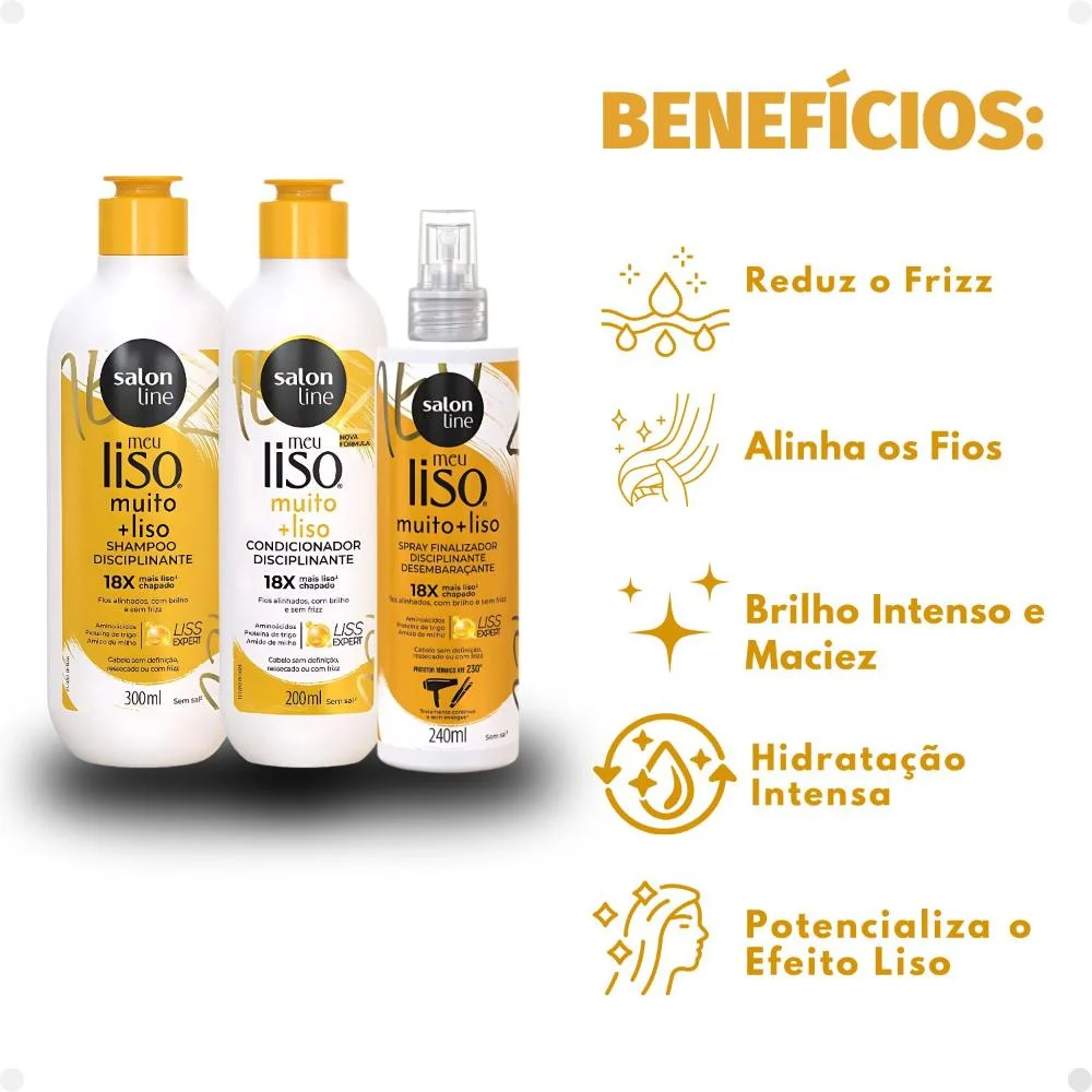 Kit Salon Line Meu Liso Muito + Liso Disciplinante: Shampoo 300ml e Condicionador 200ml + Spray Finalizador 240ml ÚNICO 2