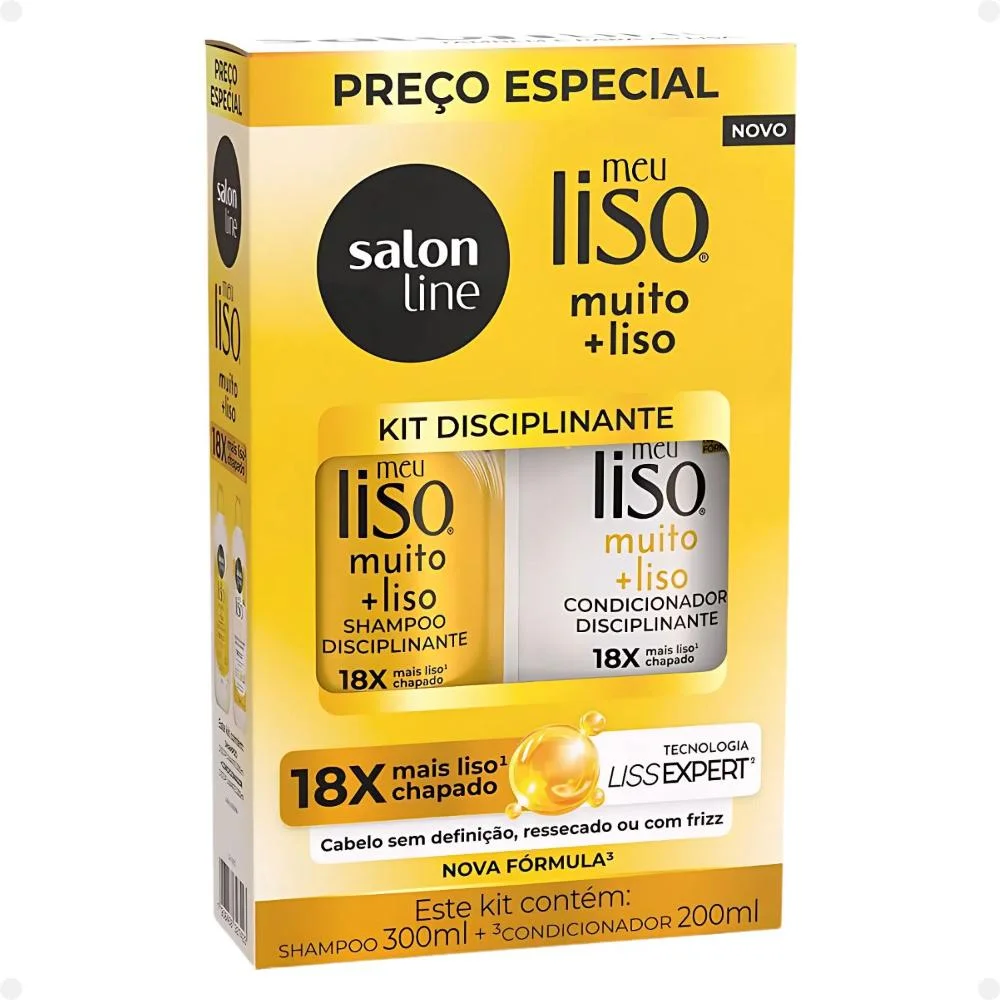 Kit Salon Line Meu Liso Muito + Liso Disciplinante: Shampoo 300ml e Condicionador 200ml + Spray Finalizador 240ml ÚNICO 4