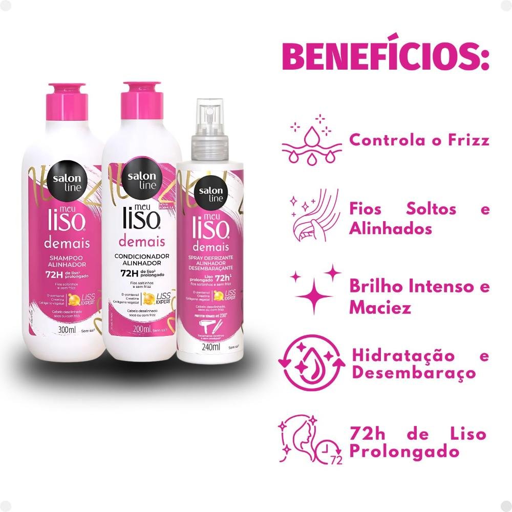 Kit Salon Line Meu Liso Demais Alinhador: Shampoo 300ml e Condicionador 200ml + Spray Defrizante Desembaraçante 240ml ÚNICO 2