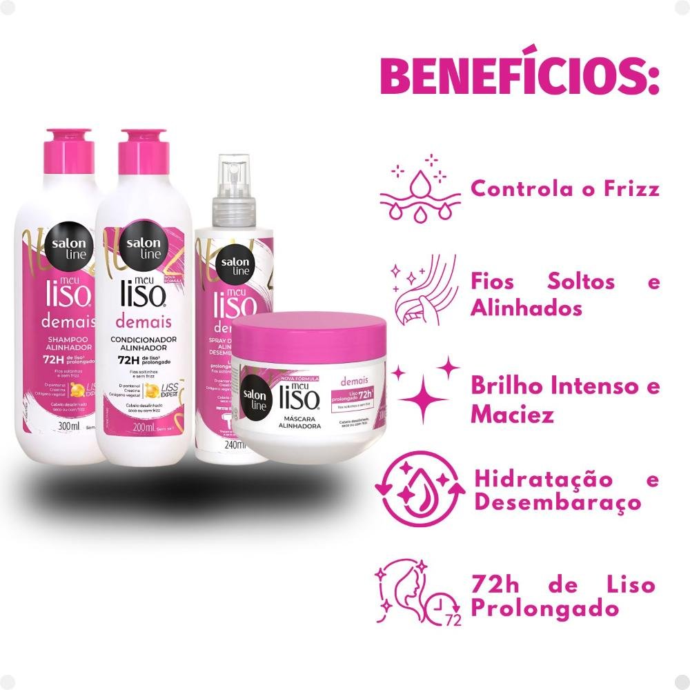 Kit Salon Line Meu Liso Demais Alinhador: Shampoo 300ml e Condicionador 200ml + Creme de Tratamento 300g e Spray Defrizante Desembaraçante 240ml  ÚNICO 2
