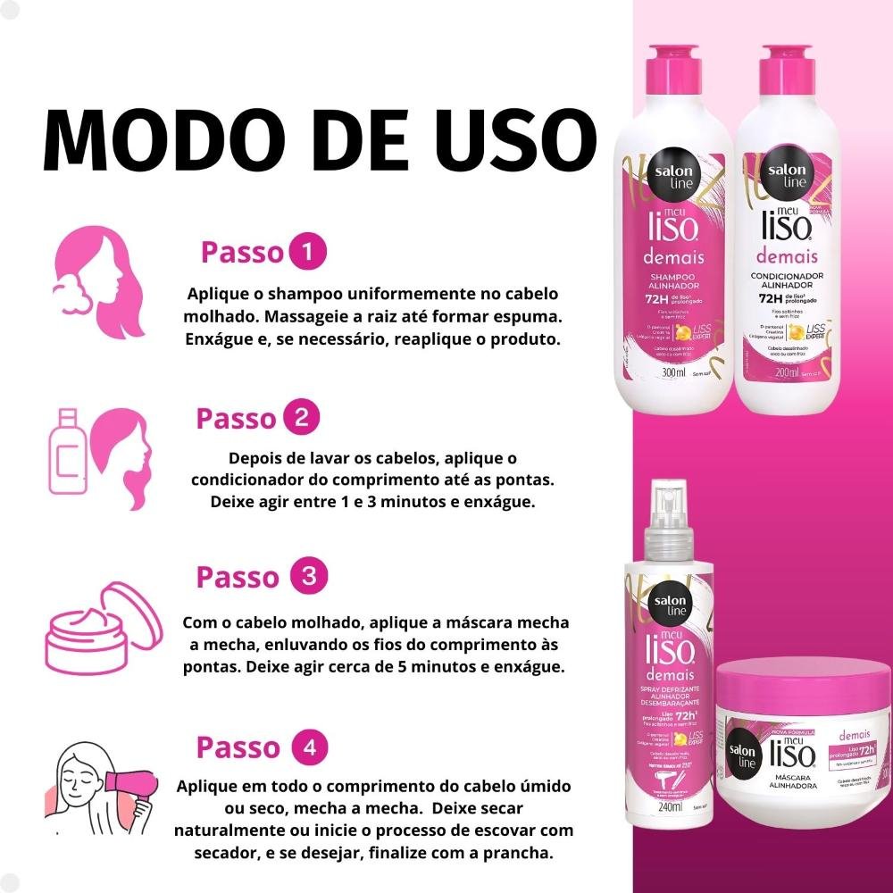 Kit Salon Line Meu Liso Demais Alinhador: Shampoo 300ml e Condicionador 200ml + Creme de Tratamento 300g e Spray Defrizante Desembaraçante 240ml  ÚNICO 6