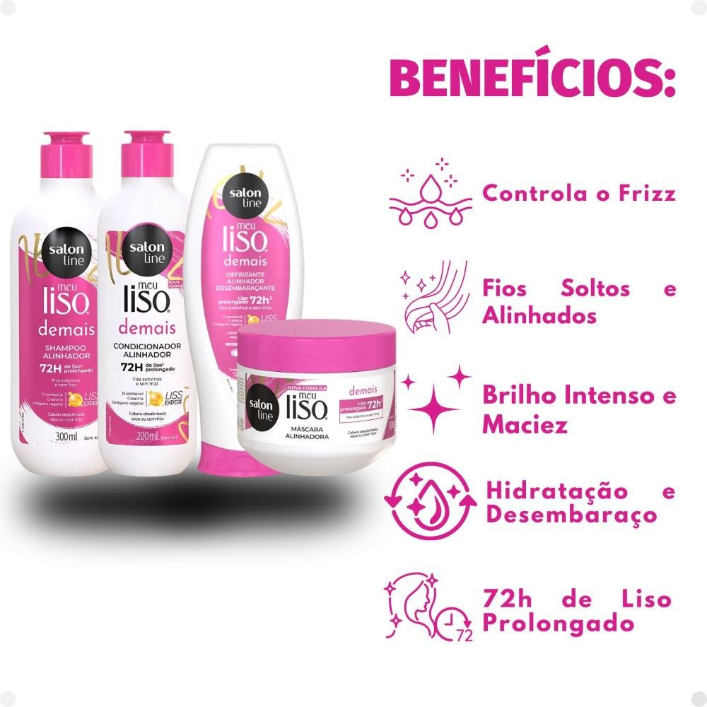 Kit Salon Line Meu Liso Demais Alinhador: Shampoo 300ml e Condicionador 200ml + Creme de Tratamento 300g e Defrizante Desembaraçante 240ml ÚNICO 2