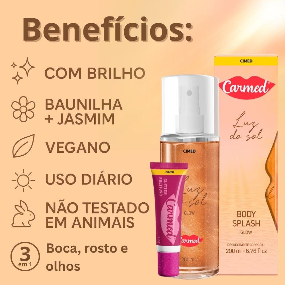 Kit Carmed: 01 Body Splash Luz do Sol 200ml e 01 Hidratante Labial Glitter 3 em 1 ÚNICO 2