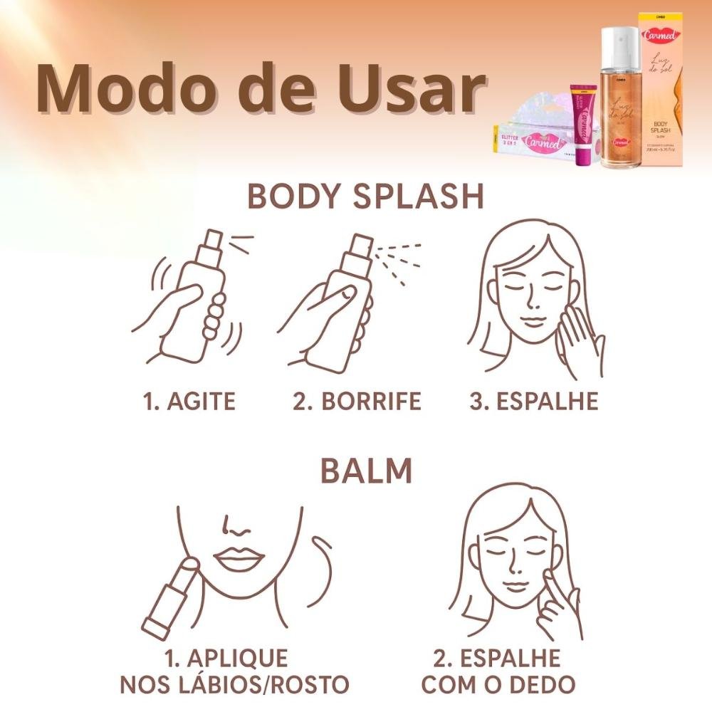 Kit Carmed: 01 Body Splash Luz do Sol 200ml e 01 Hidratante Labial Glitter 3 em 1 ÚNICO 4