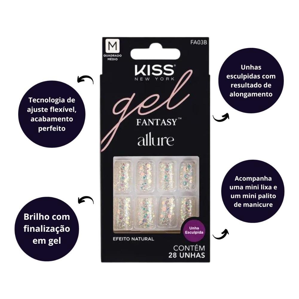 Unhas Postiças Kiss New York Gel Fantasy Allure Quadrado Médio C/28un Fa03b ÚNICO 2