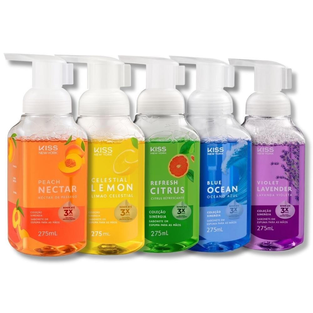 Kit Kiss New York Coleção Sinergia 5 Sabonetes em Espuma: Celestial Lemon, Violet Lavender, Peach Nectar, Refresh Citrus e Blue Ocean 275ml