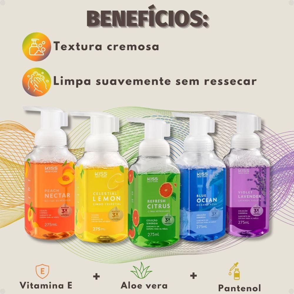 Kit Kiss New York Coleção Sinergia 5 Sabonetes em Espuma: Celestial Lemon, Violet Lavender, Peach Nectar, Refresh Citrus e Blue Ocean 275ml ÚNICO 2