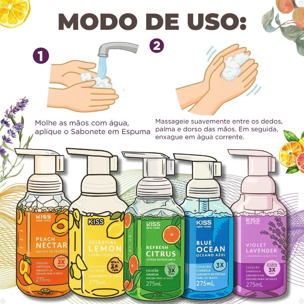 Kit Kiss New York Coleção Sinergia 5 Sabonetes em Espuma: Celestial Lemon, Violet Lavender, Peach Nectar, Refresh Citrus e Blue Ocean 275ml ÚNICO 4
