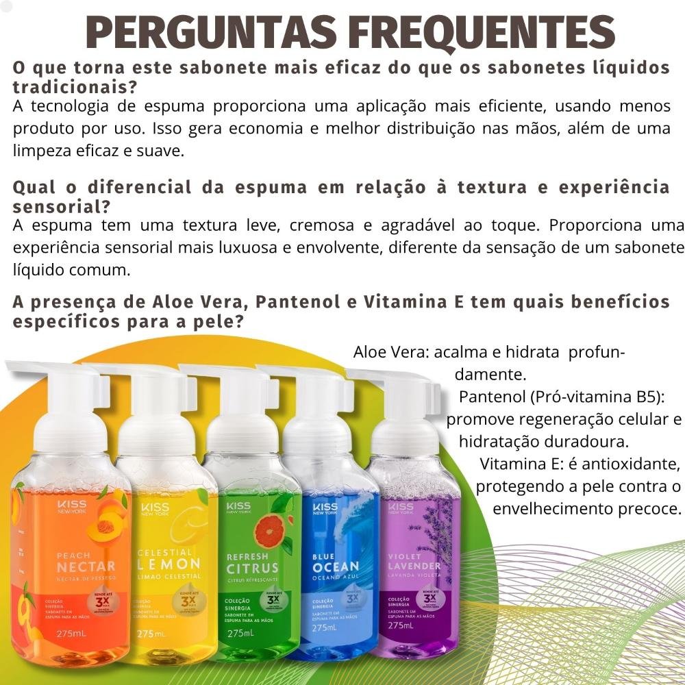 Kit Kiss New York Coleção Sinergia 5 Sabonetes em Espuma: Celestial Lemon, Violet Lavender, Peach Nectar, Refresh Citrus e Blue Ocean 275ml ÚNICO 5