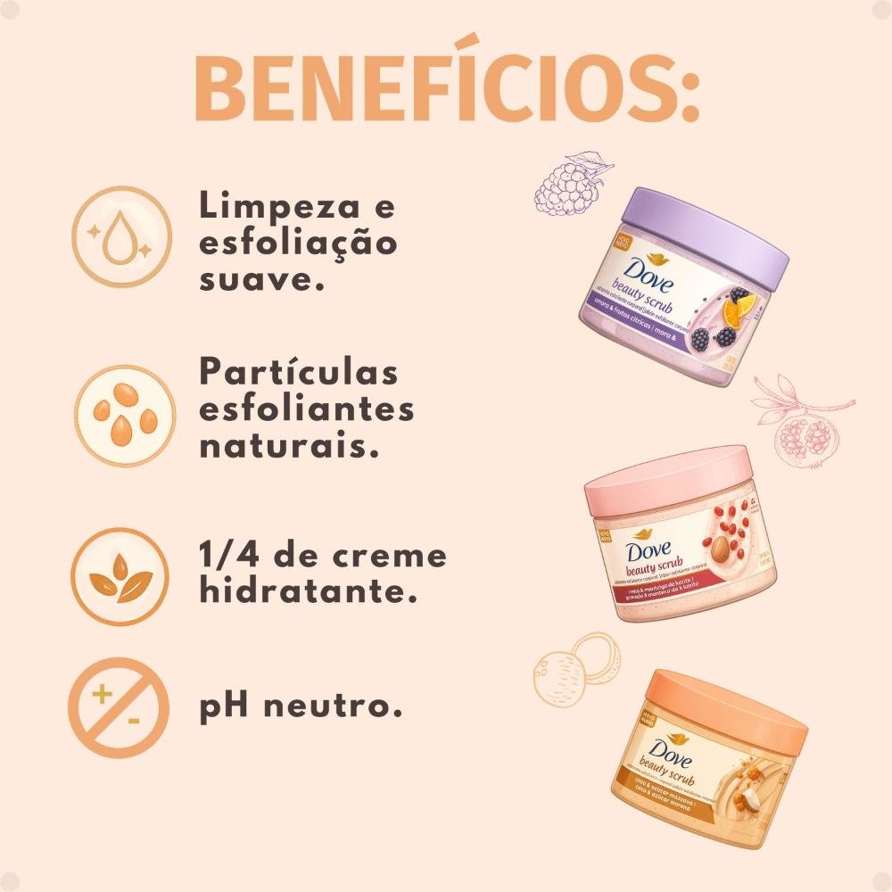 Kit Dove Sabonete Esfoliante Corporal Beauty Scrub: Amora e Frutas Cítricas, Romã e Manteiga de Karité e Coco e Açucar Mascavo 280g ÚNICO 2