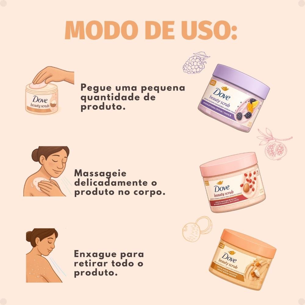 Kit Dove Sabonete Esfoliante Corporal Beauty Scrub: Amora e Frutas Cítricas, Romã e Manteiga de Karité e Coco e Açucar Mascavo 280g ÚNICO 4