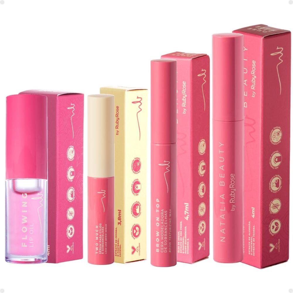 Kit Natalia Beauty by Ruby Rose: Sérum Two Much, Cera Brow On Top, Gel Brow Boss e Lip Oil