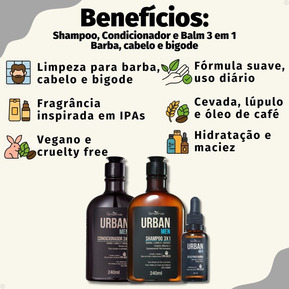 Kit Farmaervas Urban Men: Shampoo, Condicionador e Óleo 3x1 ÚNICO 2