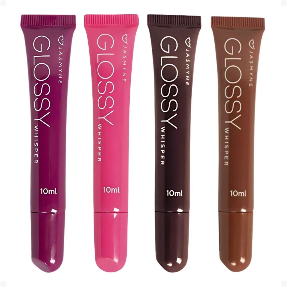 Kit Jasmyne Glossy Whisper 4 Brilho Labial: Plum Allure, Blush Blossom, Cocoa Velvet e Dusty Rose