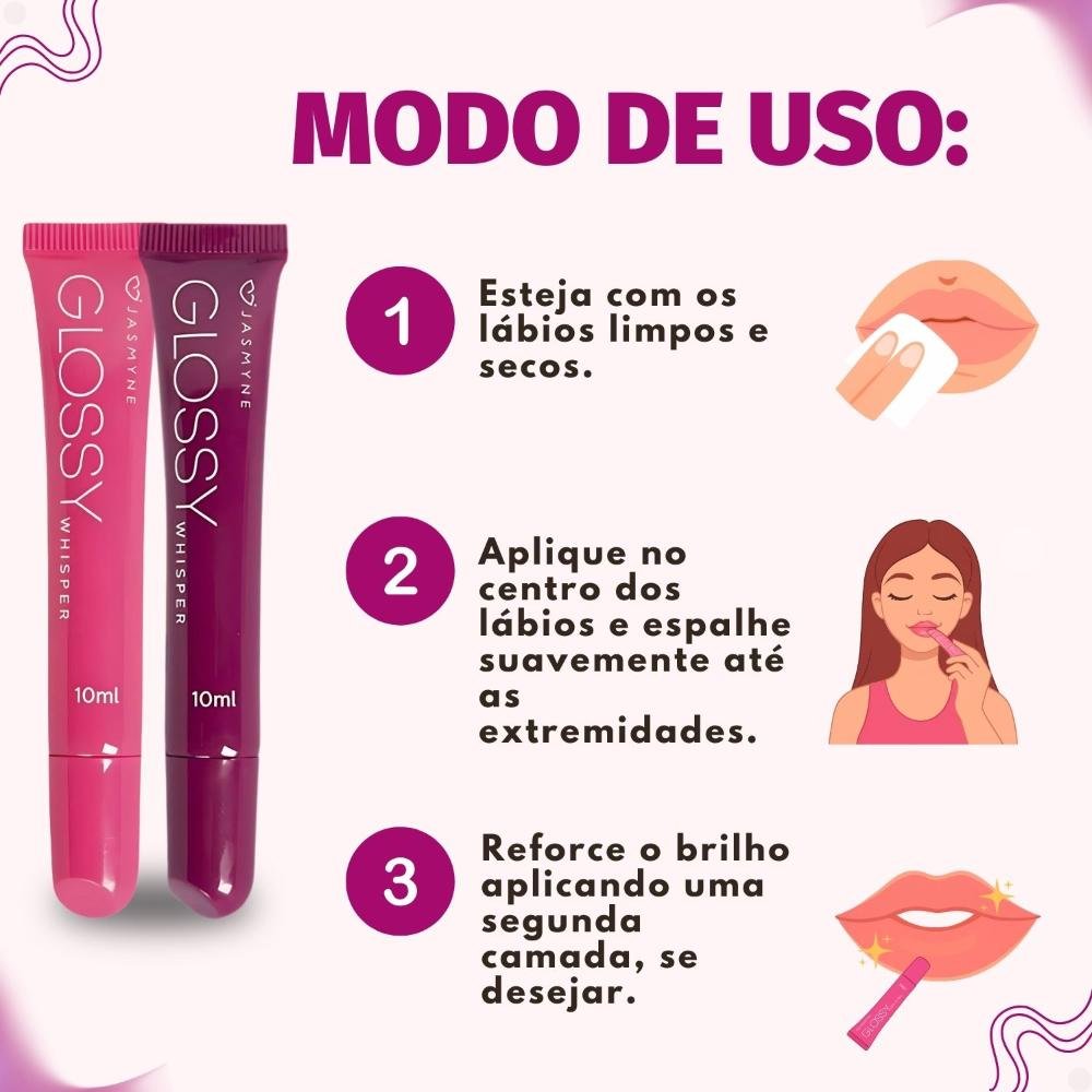 Kit Jasmyne Glossy Whisper 2 Brilho Labial: Plum Allure e  Blush Blossom ÚNICO 6