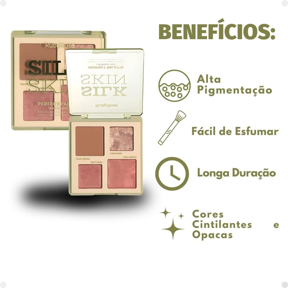 Paleta de Contorno, Blush e Iluminador Ruby Rose Silk Skin Perfect Palette Gold Sparkle ÚNICO 2