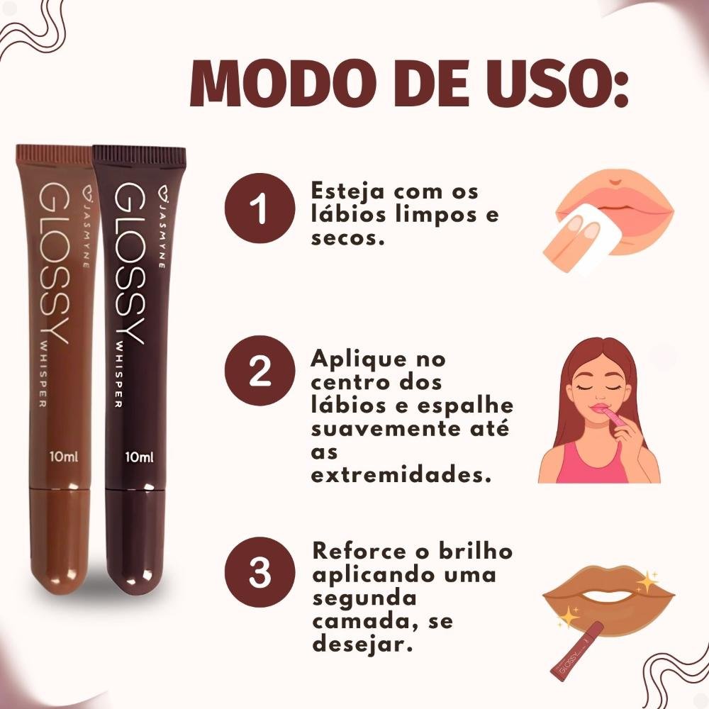 Kit Jasmyne Glossy Whisper 2 Brilho Labial: Dusty Rose e Cocoa velvet ÚNICO 6