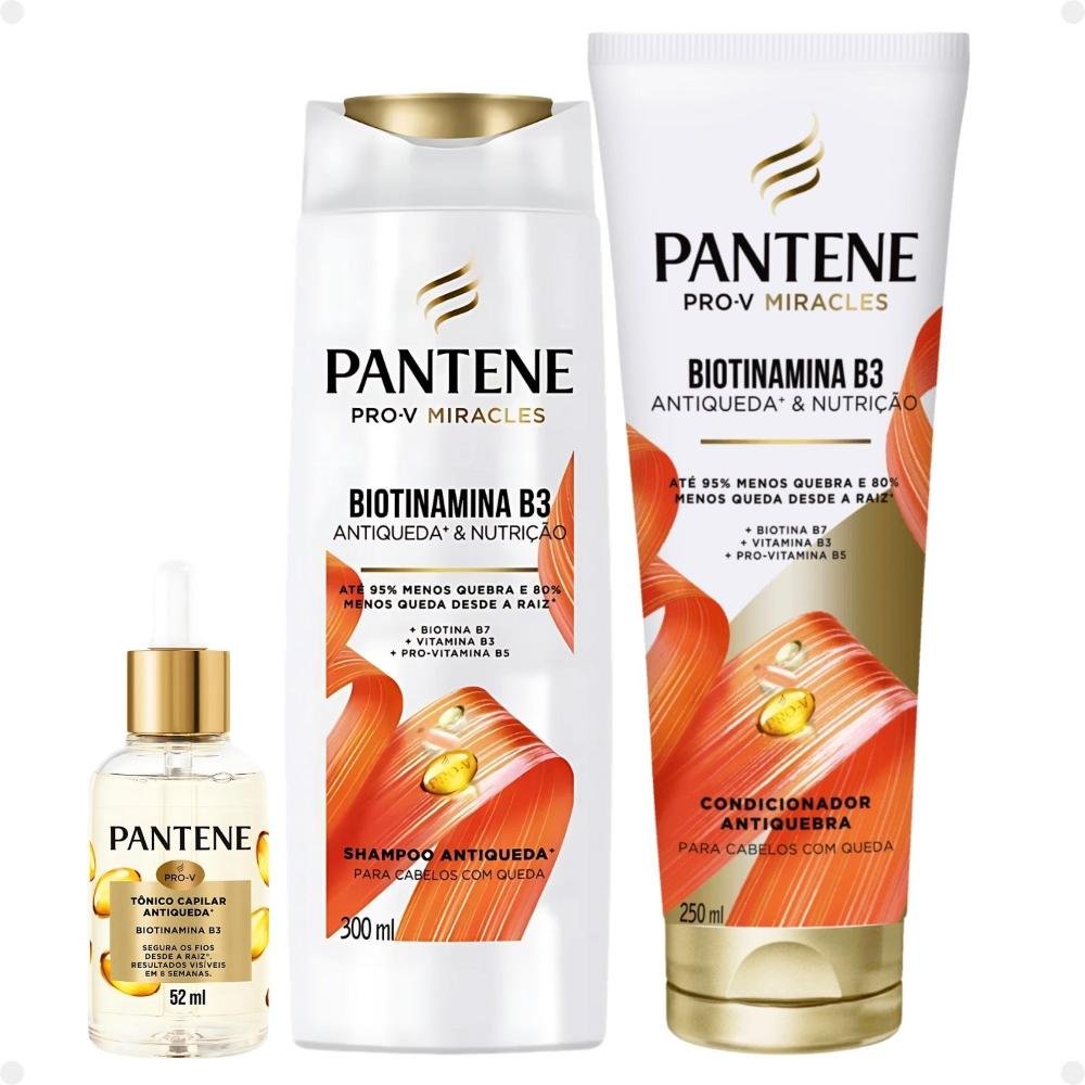 Kit Pantene Biotinamina B3 Antiqueda e Nutrição: Shampoo 300ml e Condicionador 250ml + Tônico 52ml