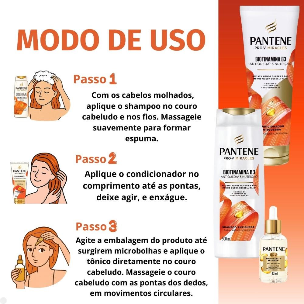 Kit Pantene Biotinamina B3 Antiqueda e Nutrição: Shampoo 300ml e Condicionador 250ml + Tônico 52ml ÚNICO 4