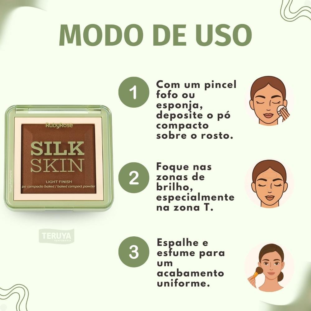 Pó Compacto Ruby Rose Silk Skin Light Finish PC90 HB-M403-9 ÚNICO 6