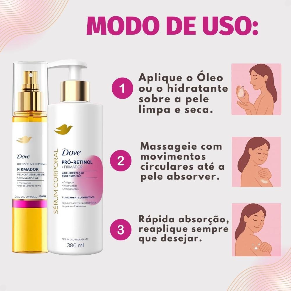 Kit Dove Firmador Colágeno: Óleo Sérum Deo Corporal 150ml e Sérum Deo Hidratante 380ml ÚNICO 6