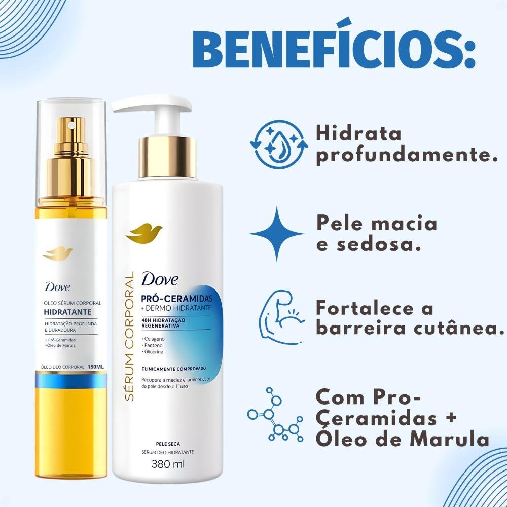 Kit Dove Hidratante Pró-ceramidas: Óleo Sérum Deo Corporal 150ml e Sérum Deo Hidratante 380ml ÚNICO 2