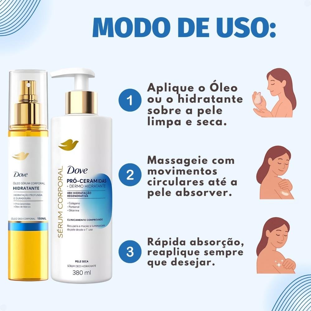 Kit Dove Hidratante Pró-ceramidas: Óleo Sérum Deo Corporal 150ml e Sérum Deo Hidratante 380ml ÚNICO 6