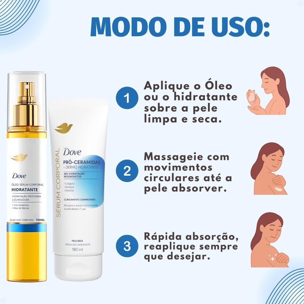 Kit Dove Hidratante Pró-Ceramidas: Óleo Sérum Deo Corporal 150ml e Sérum Deo Hidratante 180ml ÚNICO 6