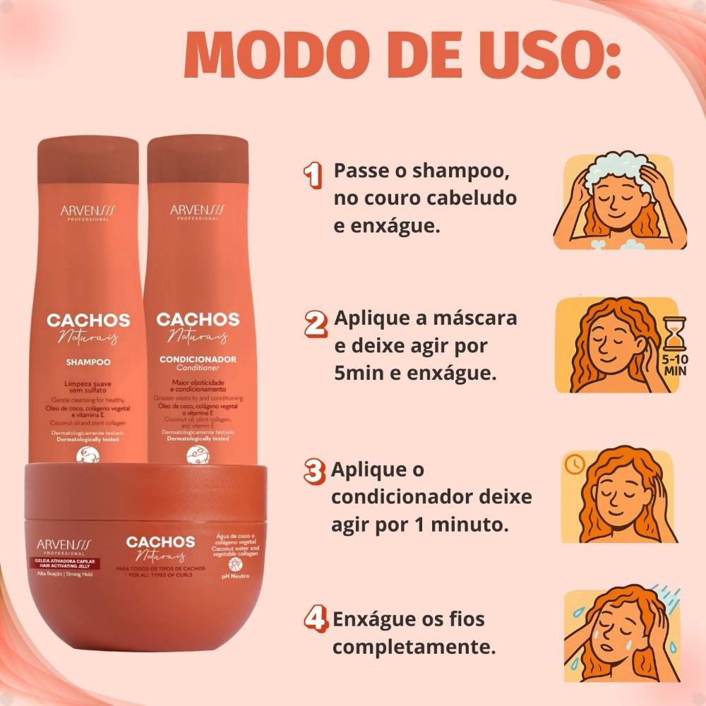 Kit Arvensis Cachos Naturais: Shampoo e Condicionador 300ml + Máscara para Cabelos Crespos ÚNICO 5
