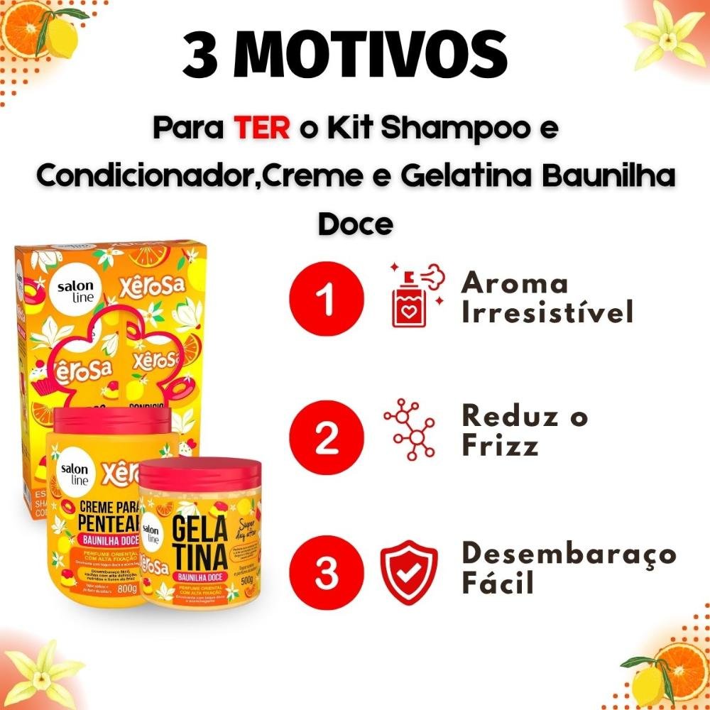 Kit Salon Line Xêrosa Baunilha Doce: Shampoo, Condicionador, Creme Para Pentear 800g e Gelatina Capilar 500g ÚNICO 5