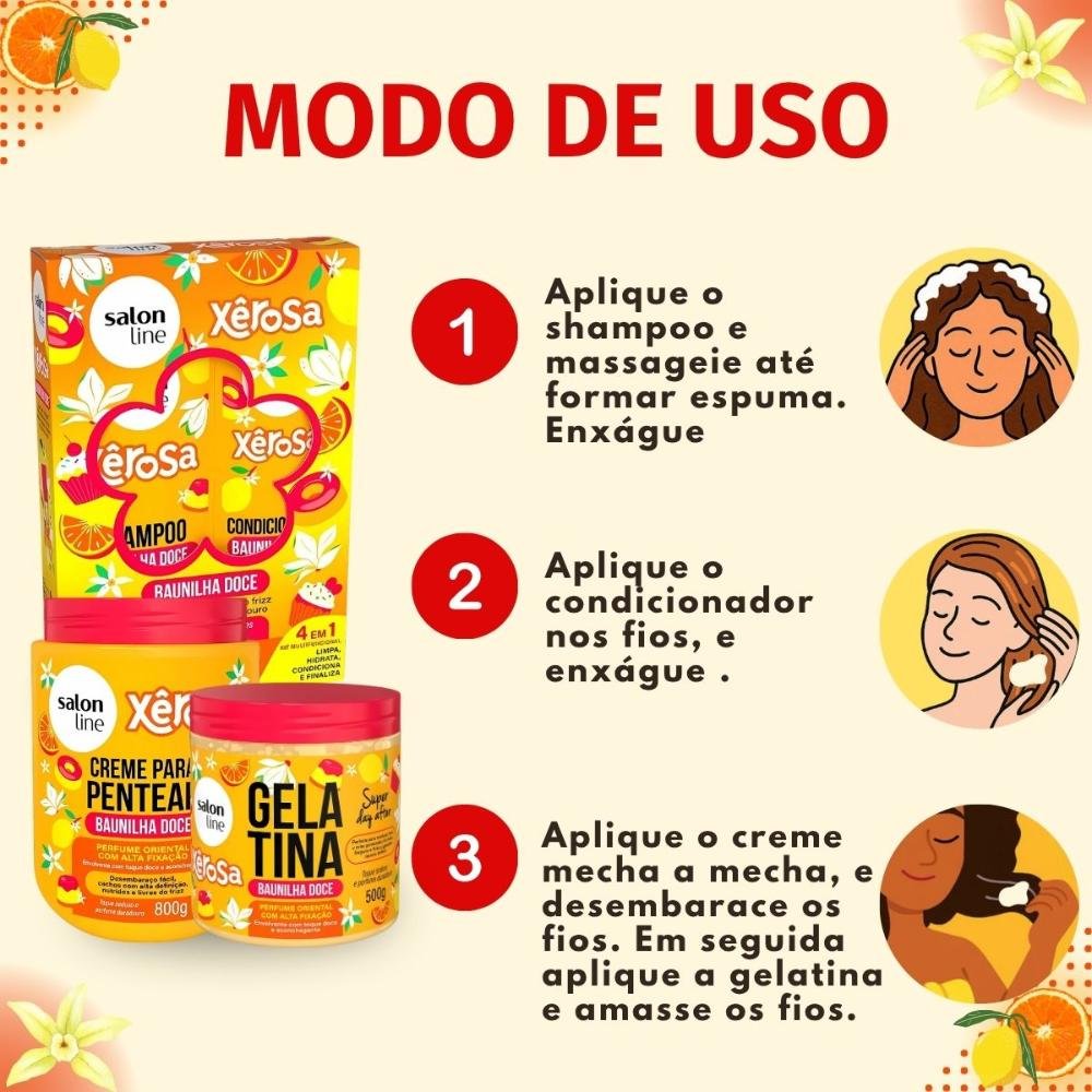 Kit Salon Line Xêrosa Baunilha Doce: Shampoo, Condicionador, Creme Para Pentear 800g e Gelatina Capilar 500g ÚNICO 6