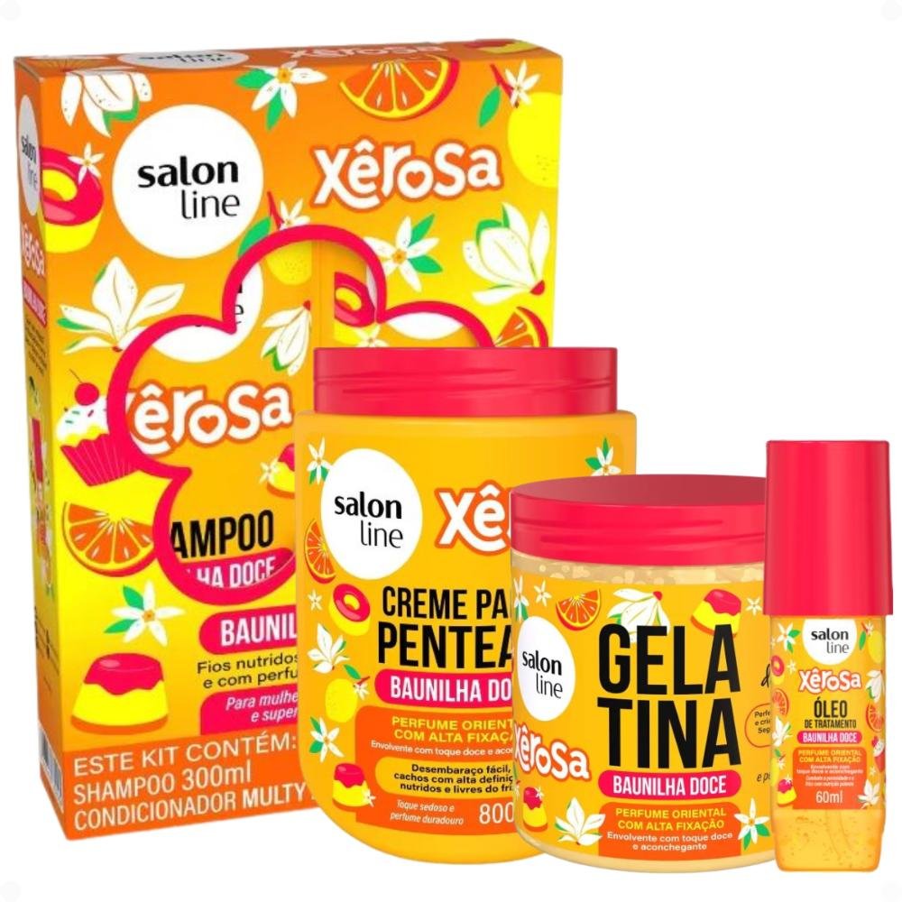 Kit Salon Line Xêrosa Baunilha Doce: Shampoo, Condicionador, Creme Para Pentear 800g, Gelatina e Óleo Capilar 60ml