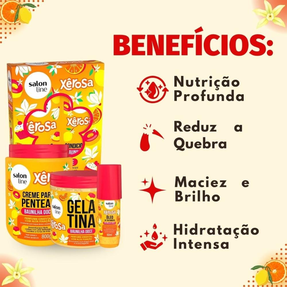 Kit Salon Line Xêrosa Baunilha Doce: Shampoo, Condicionador, Creme Para Pentear 800g, Gelatina e Óleo Capilar 60ml ÚNICO 2