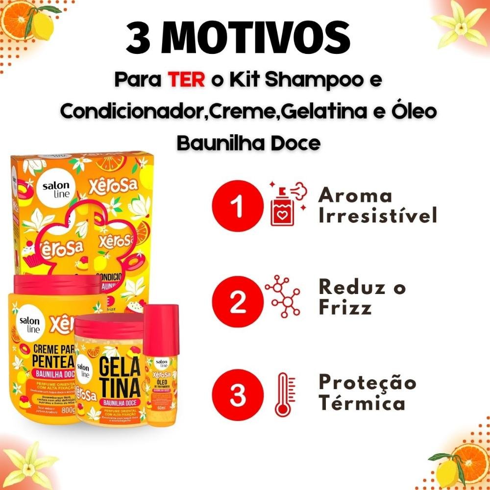 Kit Salon Line Xêrosa Baunilha Doce: Shampoo, Condicionador, Creme Para Pentear 800g, Gelatina e Óleo Capilar 60ml ÚNICO 4