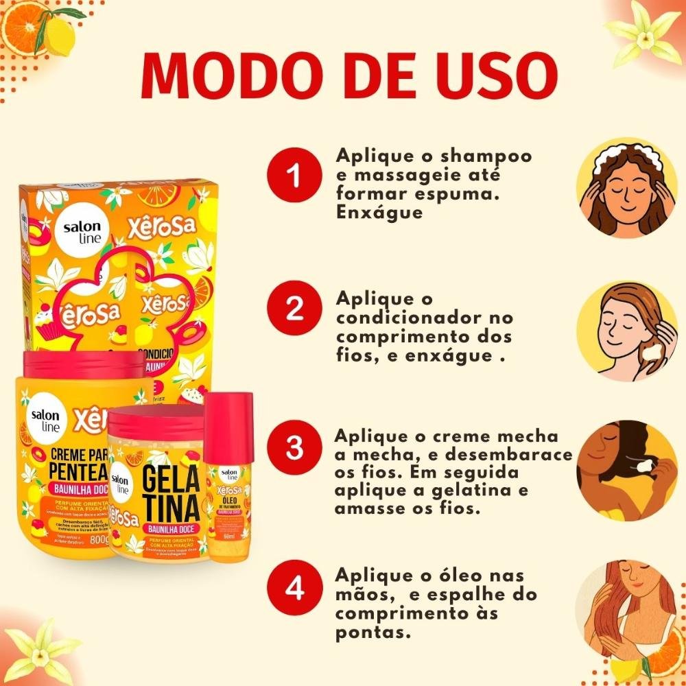 Kit Salon Line Xêrosa Baunilha Doce: Shampoo, Condicionador, Creme Para Pentear 800g, Gelatina e Óleo Capilar 60ml ÚNICO 5