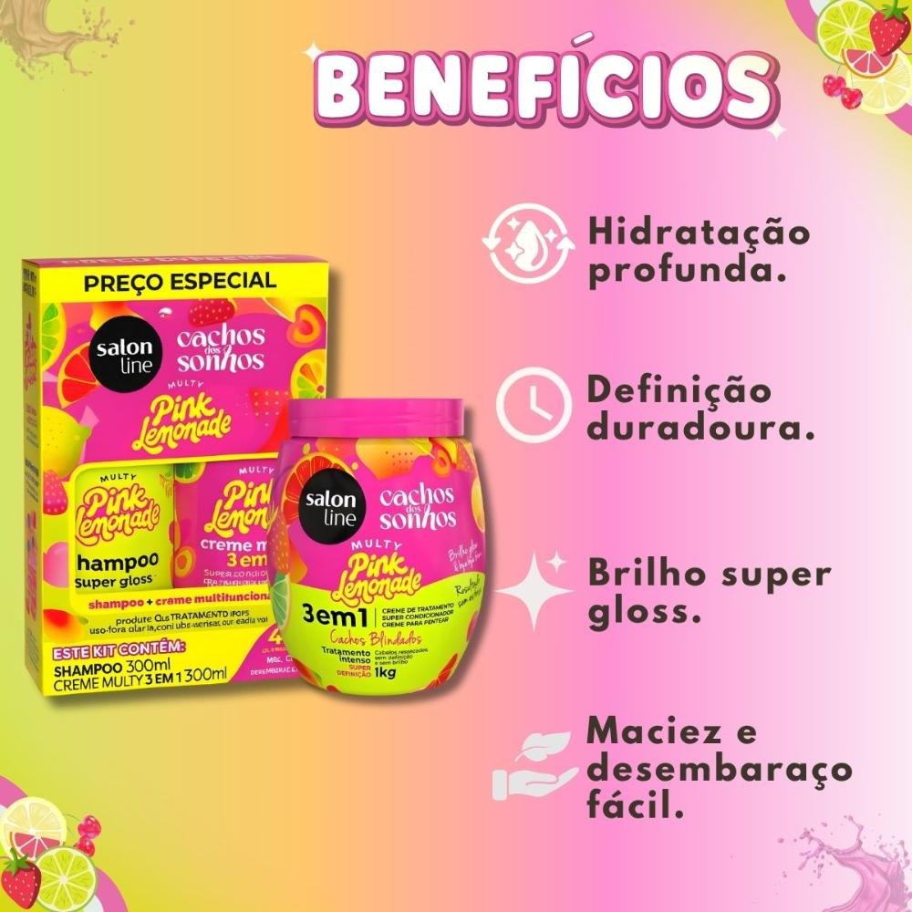 Kit Salon Line Pink Lemonade Cachos Dos Sonhos: Shampoo e Creme Multifuncional 300ml + Creme Capilar 1kg ÚNICO 2
