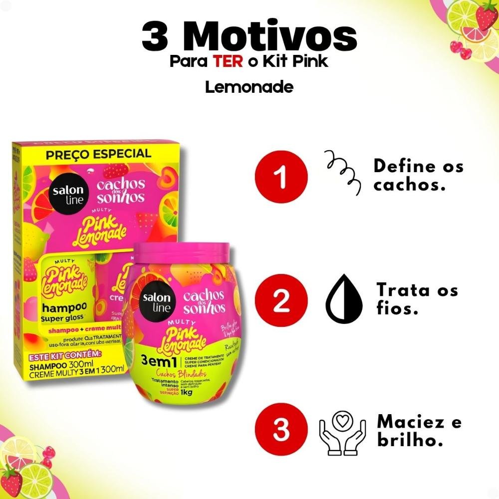 Kit Salon Line Pink Lemonade Cachos Dos Sonhos: Shampoo e Creme Multifuncional 300ml + Creme Capilar 1kg ÚNICO 6