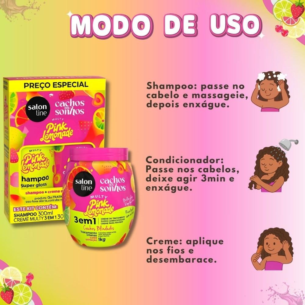 Kit Salon Line Pink Lemonade Cachos Dos Sonhos: Shampoo e Creme Multifuncional 300ml + Creme Capilar 1kg ÚNICO 7