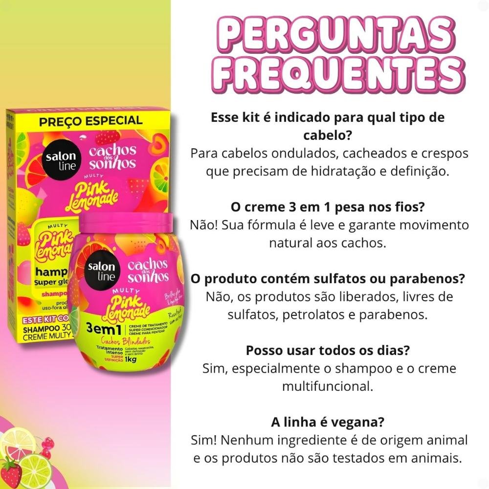 Kit Salon Line Pink Lemonade Cachos Dos Sonhos: Shampoo e Creme Multifuncional 300ml + Creme Capilar 1kg ÚNICO 8