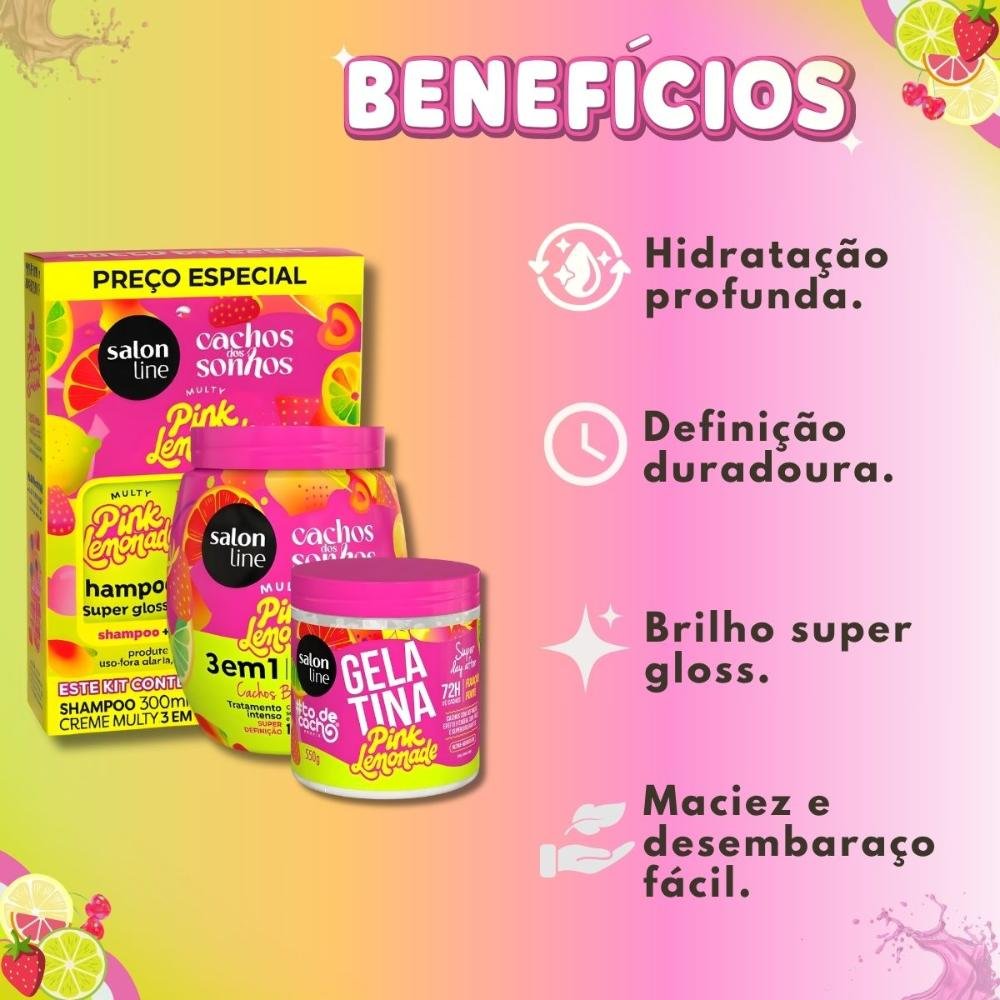 Kit Salon Line Pink Lemonade Cachos Dos Sonhos: Shampoo, Creme Multy, Creme Capilar 1kg e Gelatina Capilar 550g ÚNICO 2