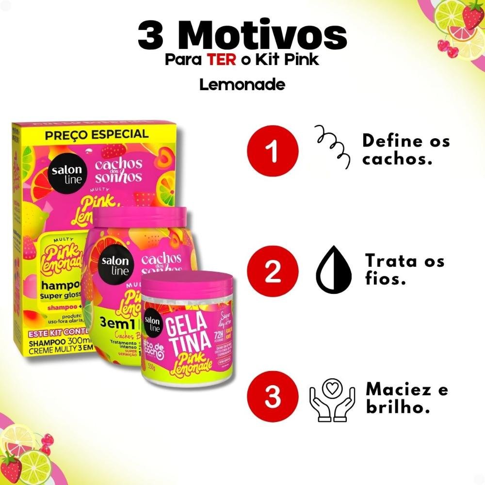 Kit Salon Line Pink Lemonade Cachos Dos Sonhos: Shampoo, Creme Multy, Creme Capilar 1kg e Gelatina Capilar 550g ÚNICO 7