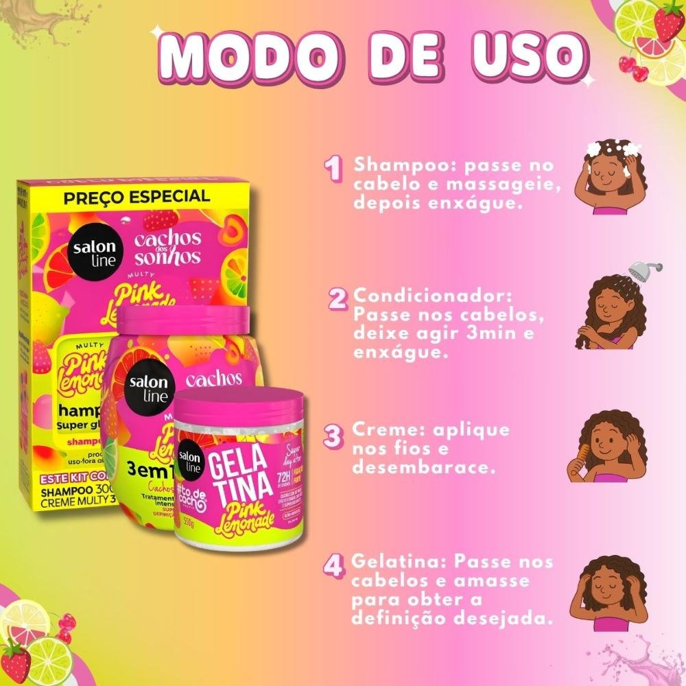 Kit Salon Line Pink Lemonade Cachos Dos Sonhos: Shampoo, Creme Multy, Creme Capilar 1kg e Gelatina Capilar 550g ÚNICO 8