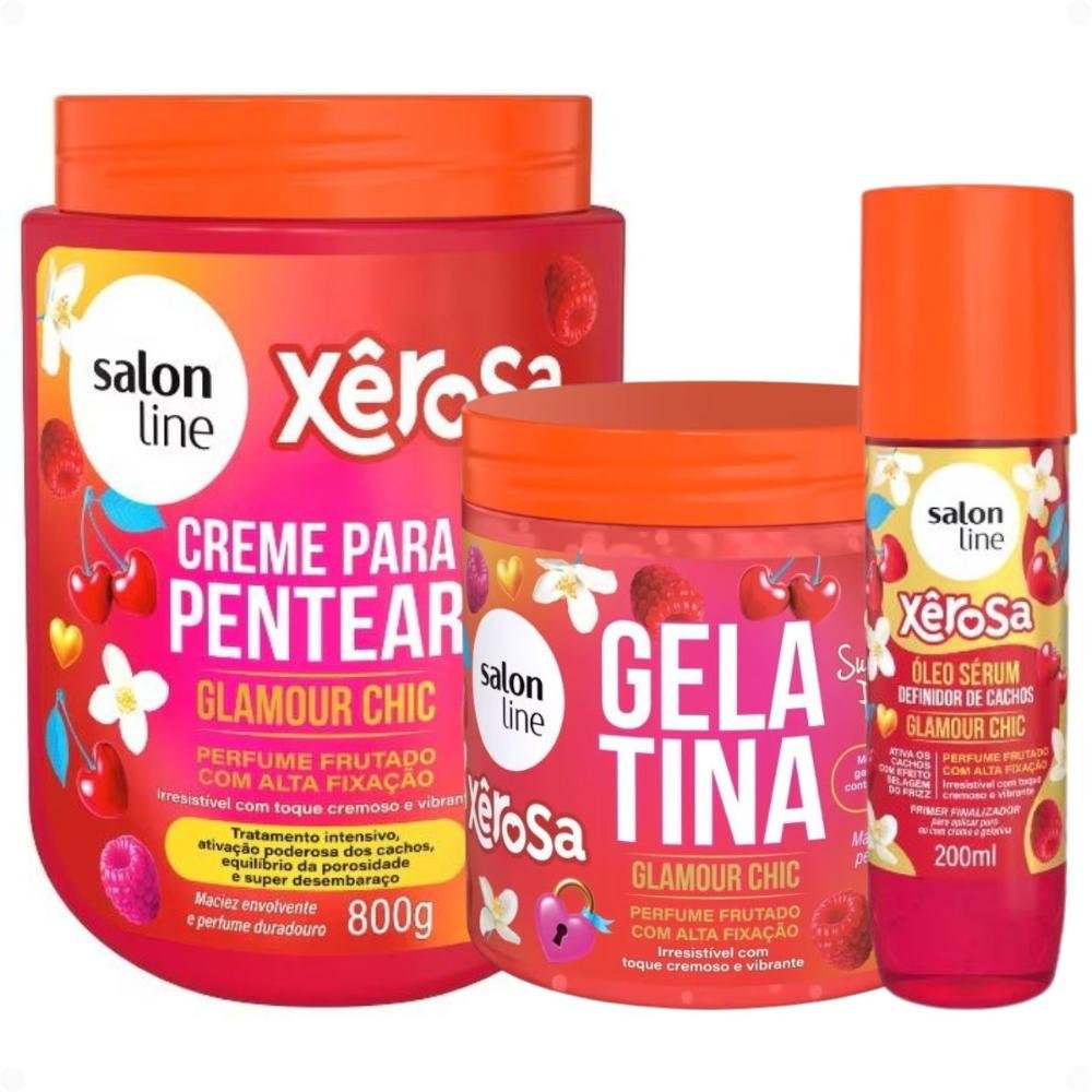 Kit Salon Line Xêrosa Glamour Chic: Creme Para Pentear 800g, Gelatina Capilar 500g e Óleo Sérum 200ml