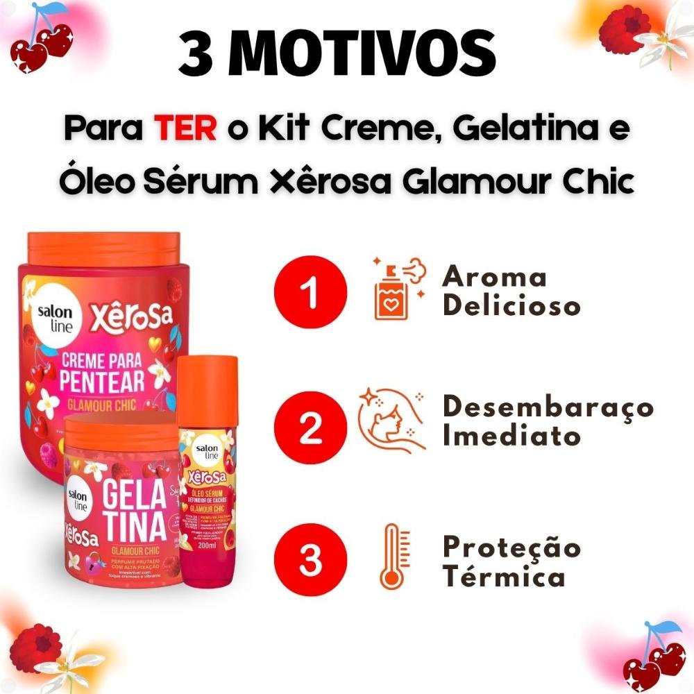 Kit Salon Line Xêrosa Glamour Chic: Creme Para Pentear 800g, Gelatina Capilar 500g e Óleo Sérum 200ml ÚNICO 4
