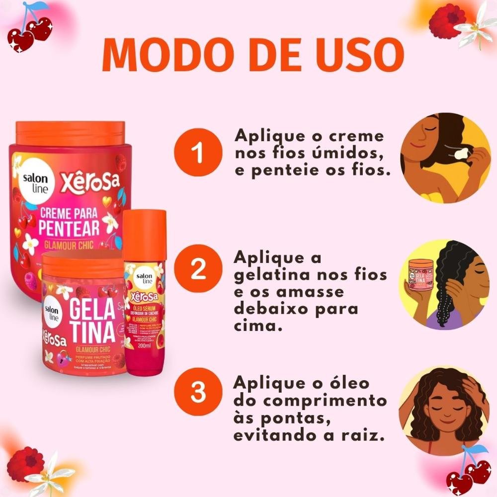 Kit Salon Line Xêrosa Glamour Chic: Creme Para Pentear 800g, Gelatina Capilar 500g e Óleo Sérum 200ml ÚNICO 5